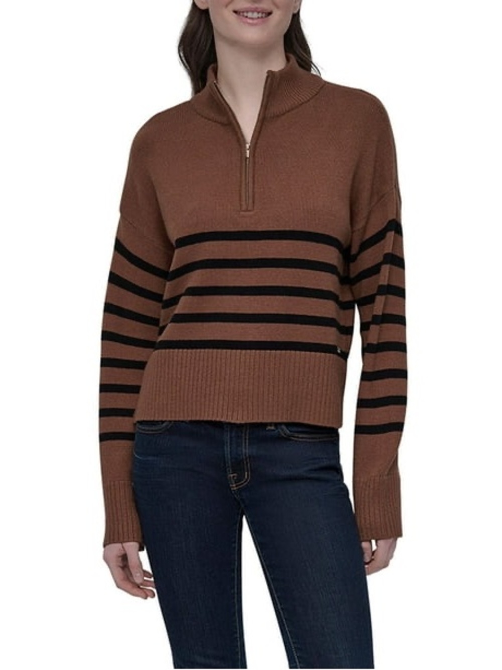 DKNY Women's Tan and Black Striped Half-Zip Sweater